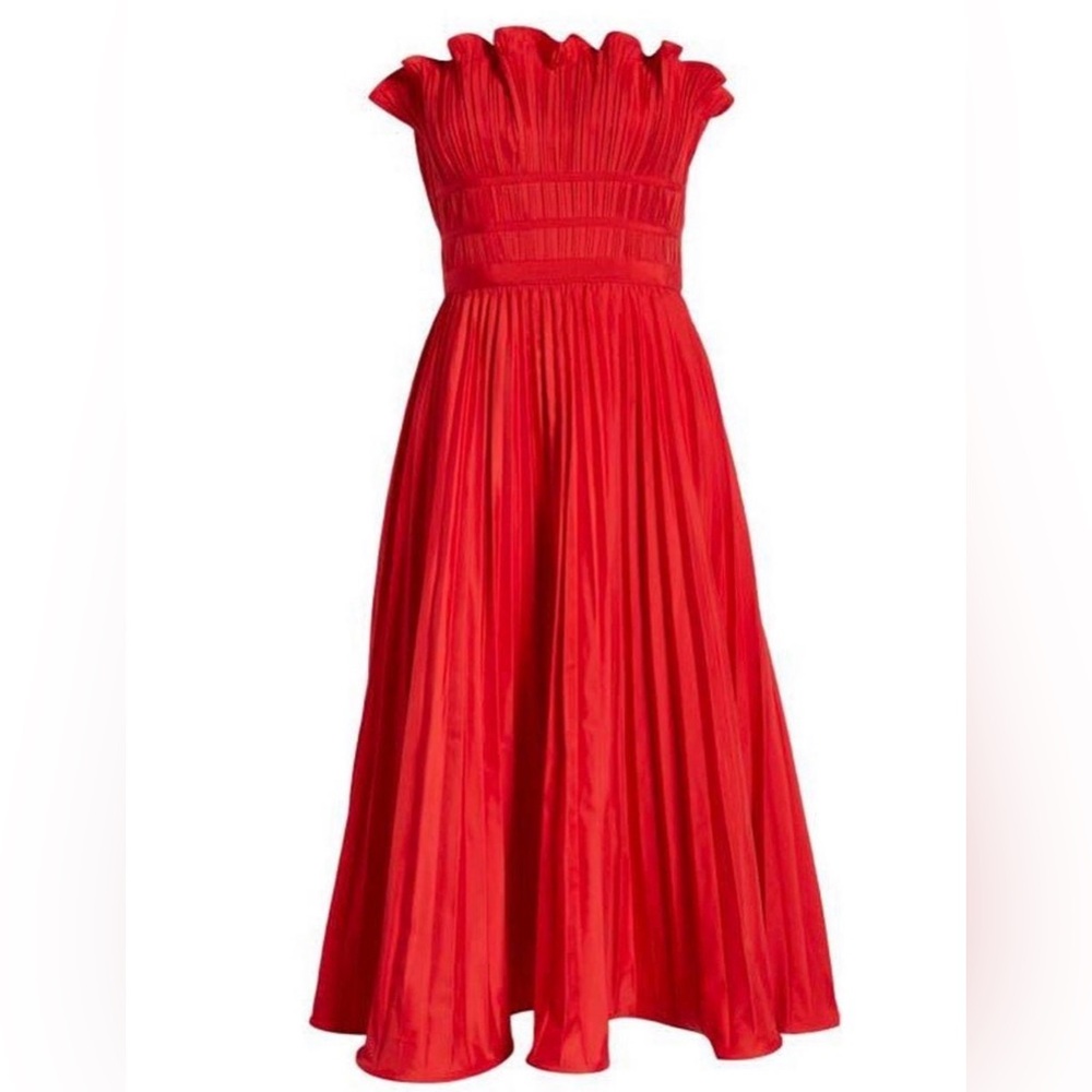 Moon River Elegant Strapless Red Pleated Evening Dress